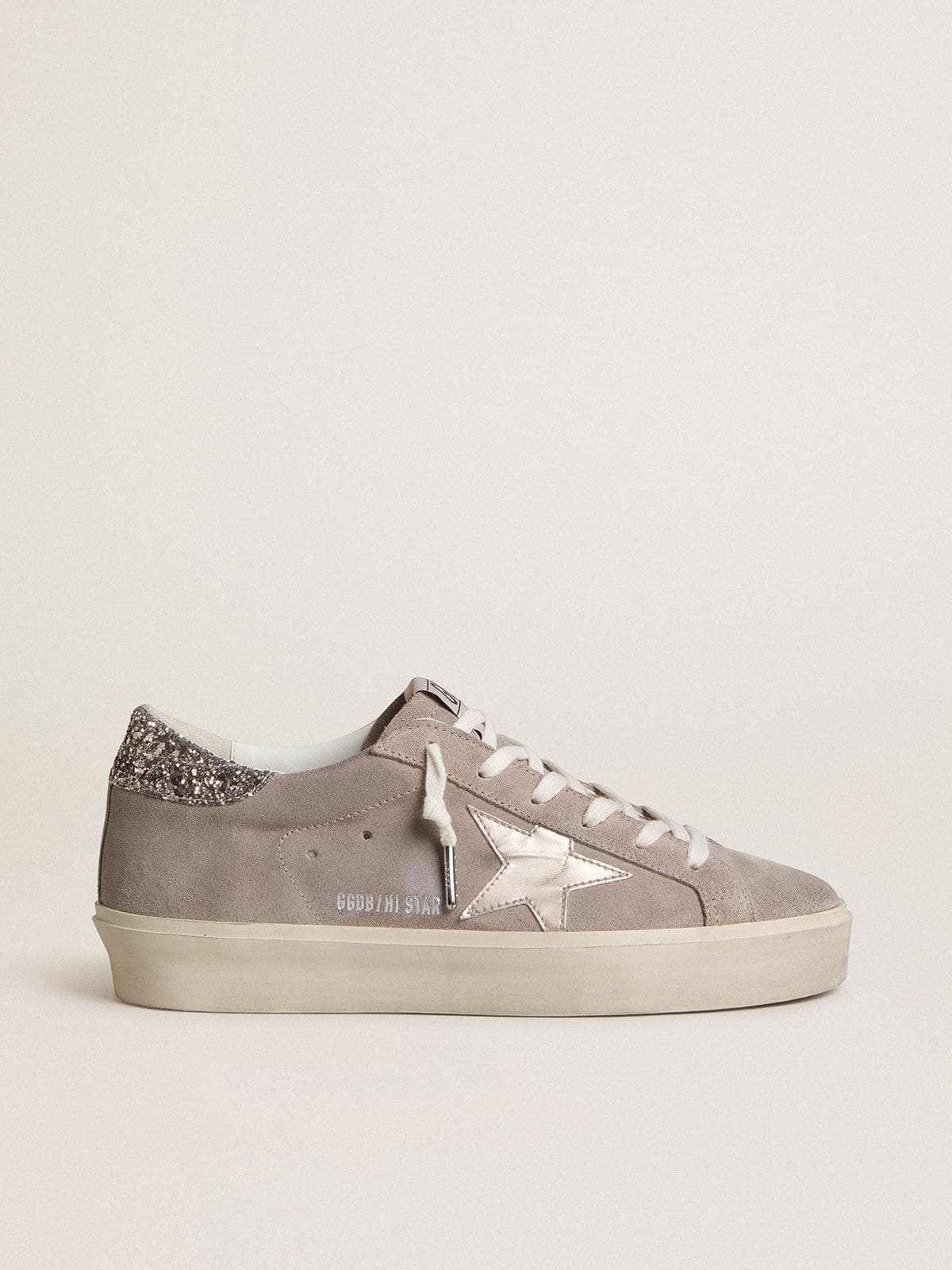 Women’s Hi Star sneakers in beige suede with laminated leather star and glitter heel tab