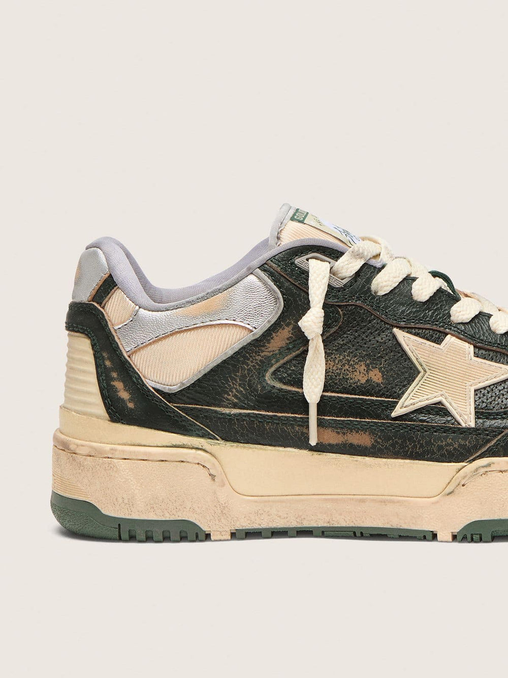 Women's Forty2 in green leather and cream nylon with TPU star and silver leather heel tab