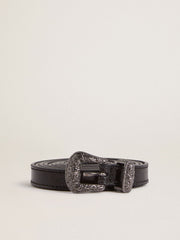 Black leather belt with silver buckle