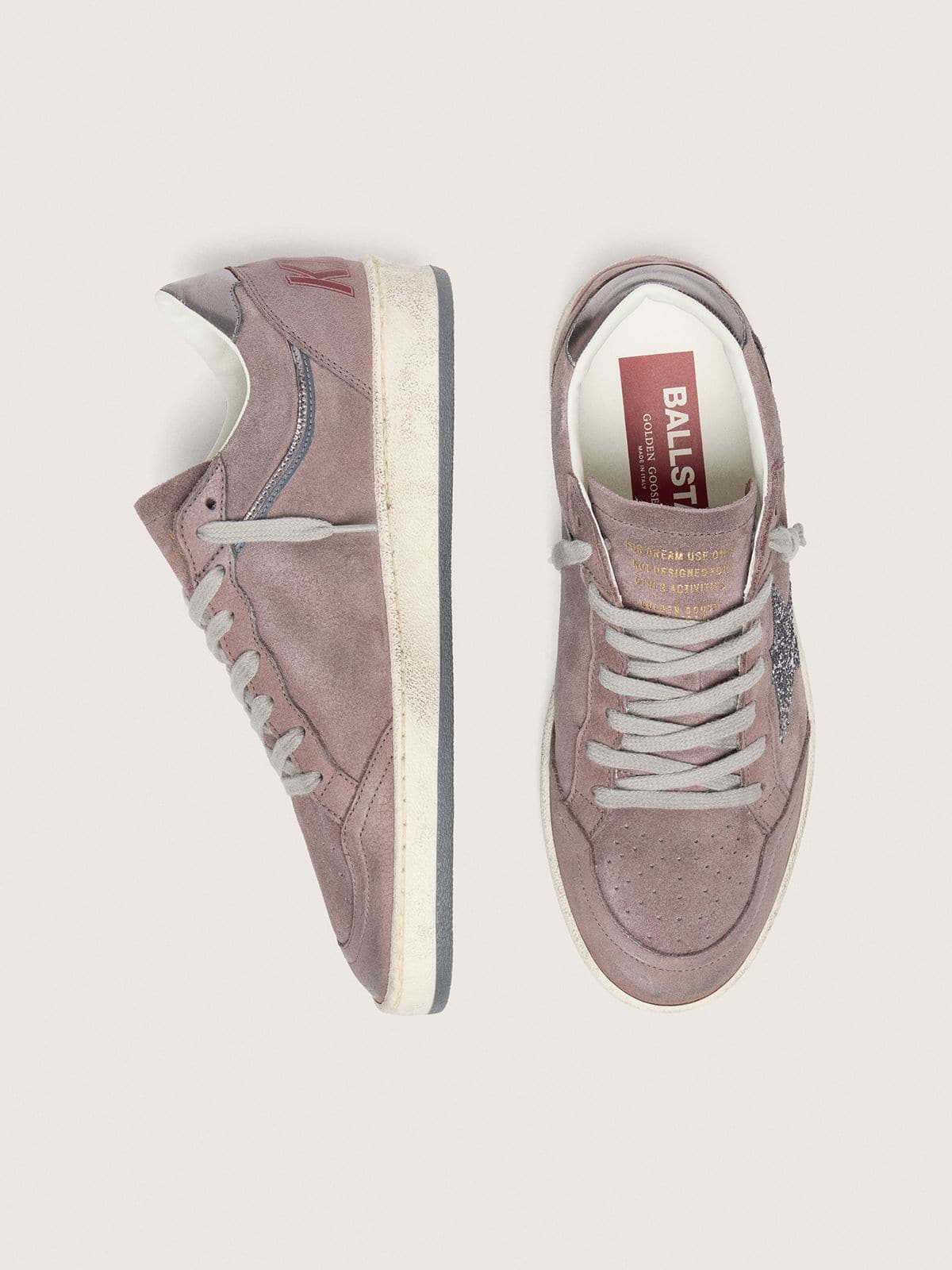 Women's Ball Star in lavender suede with silver glitter star and laminated leather heel tab