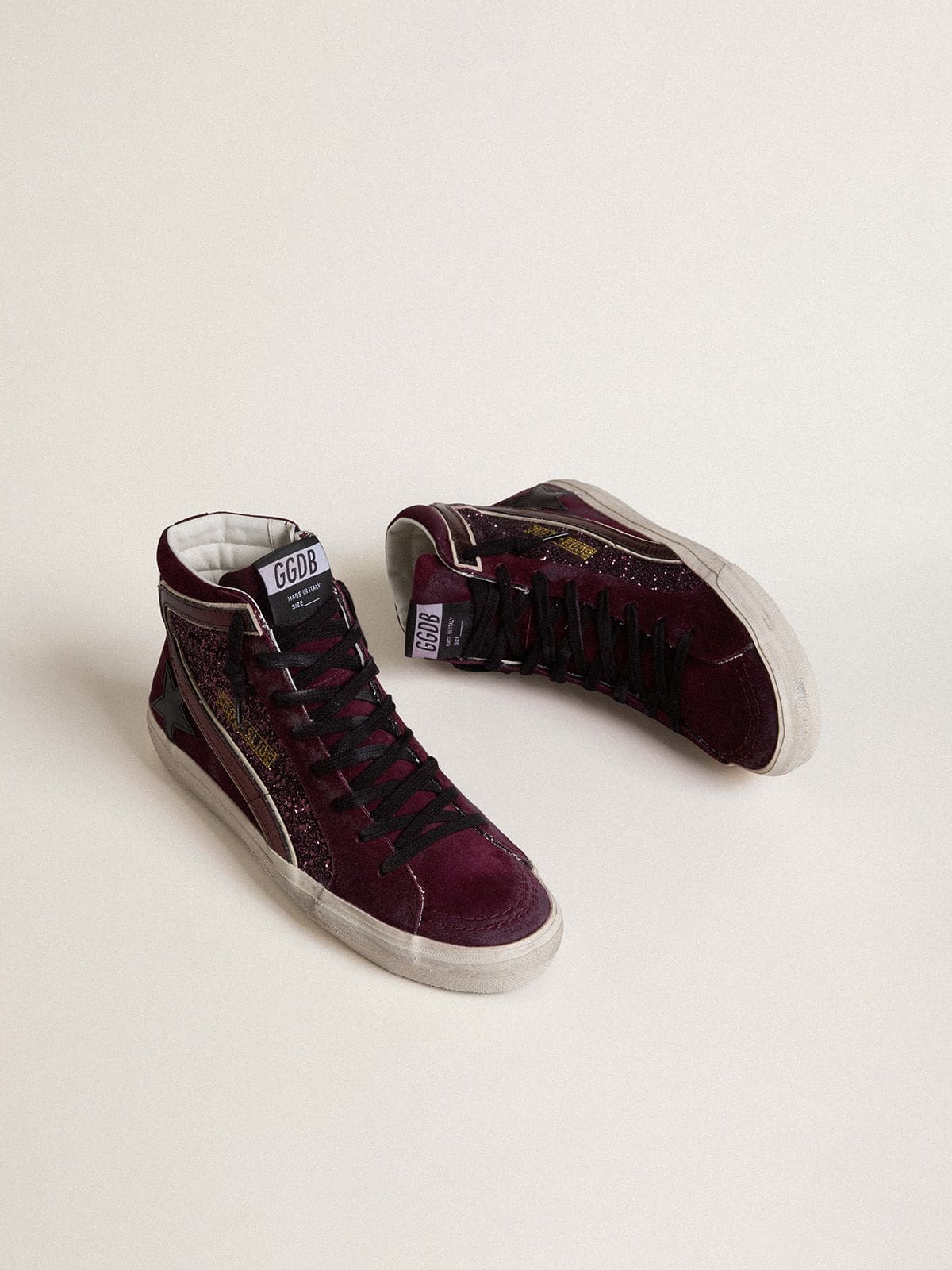 Women's Slide in black cherry glitter and suede with leather star and metallic leather flash