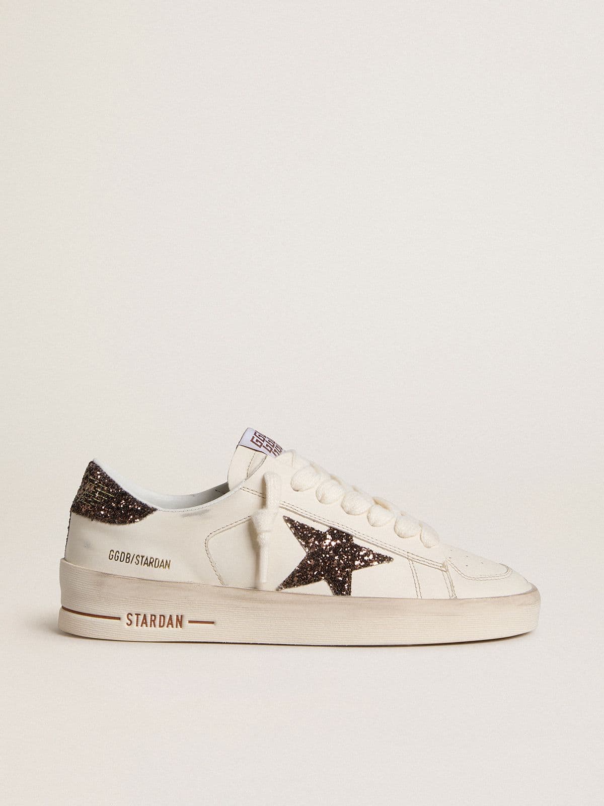 Women's Stardan in white leather with brown glitter star and heel tab