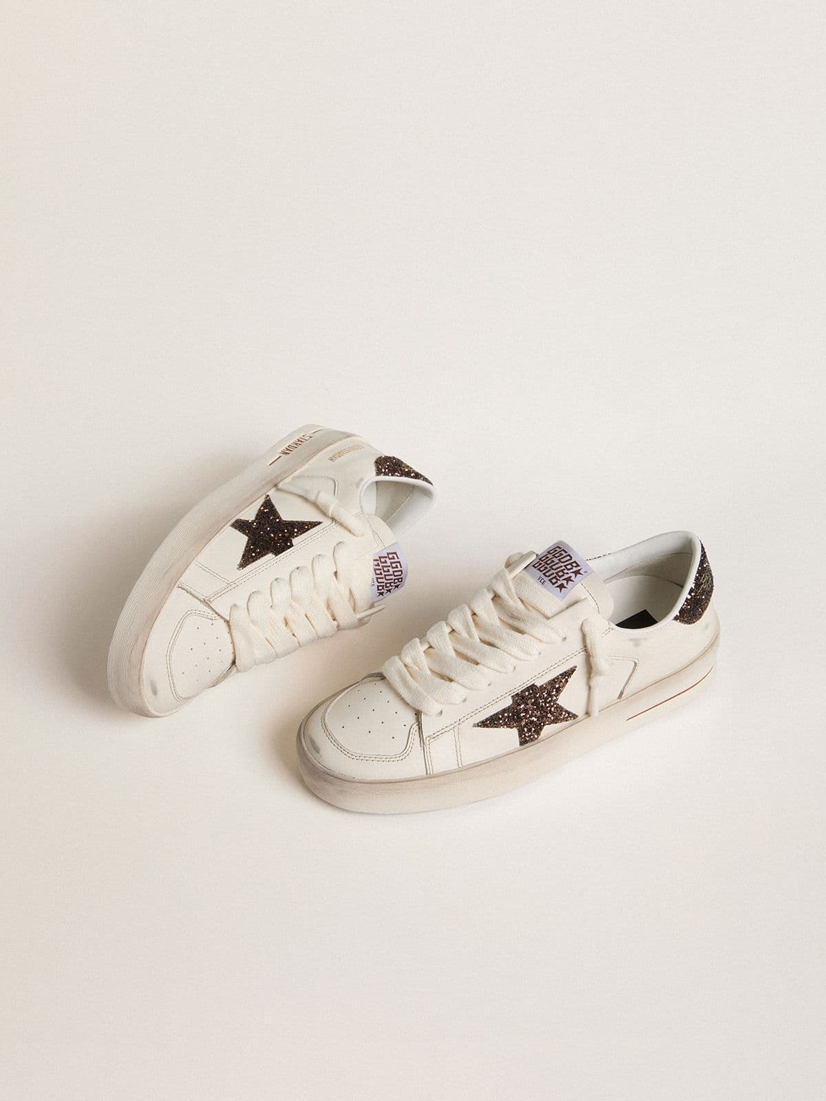 Women's Stardan in white leather with brown glitter star and heel tab