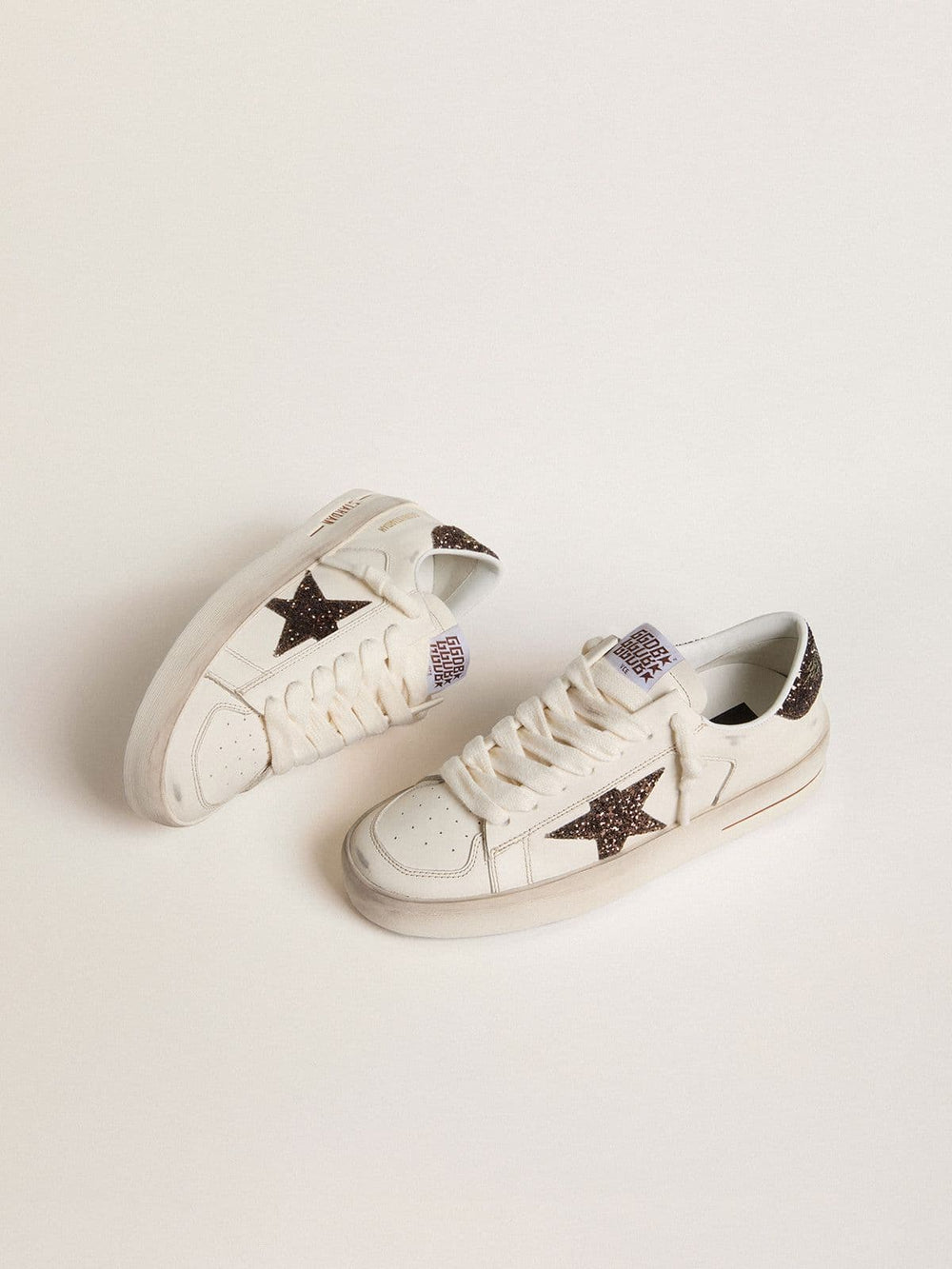 Women's Stardan in white leather with brown glitter star and heel tab