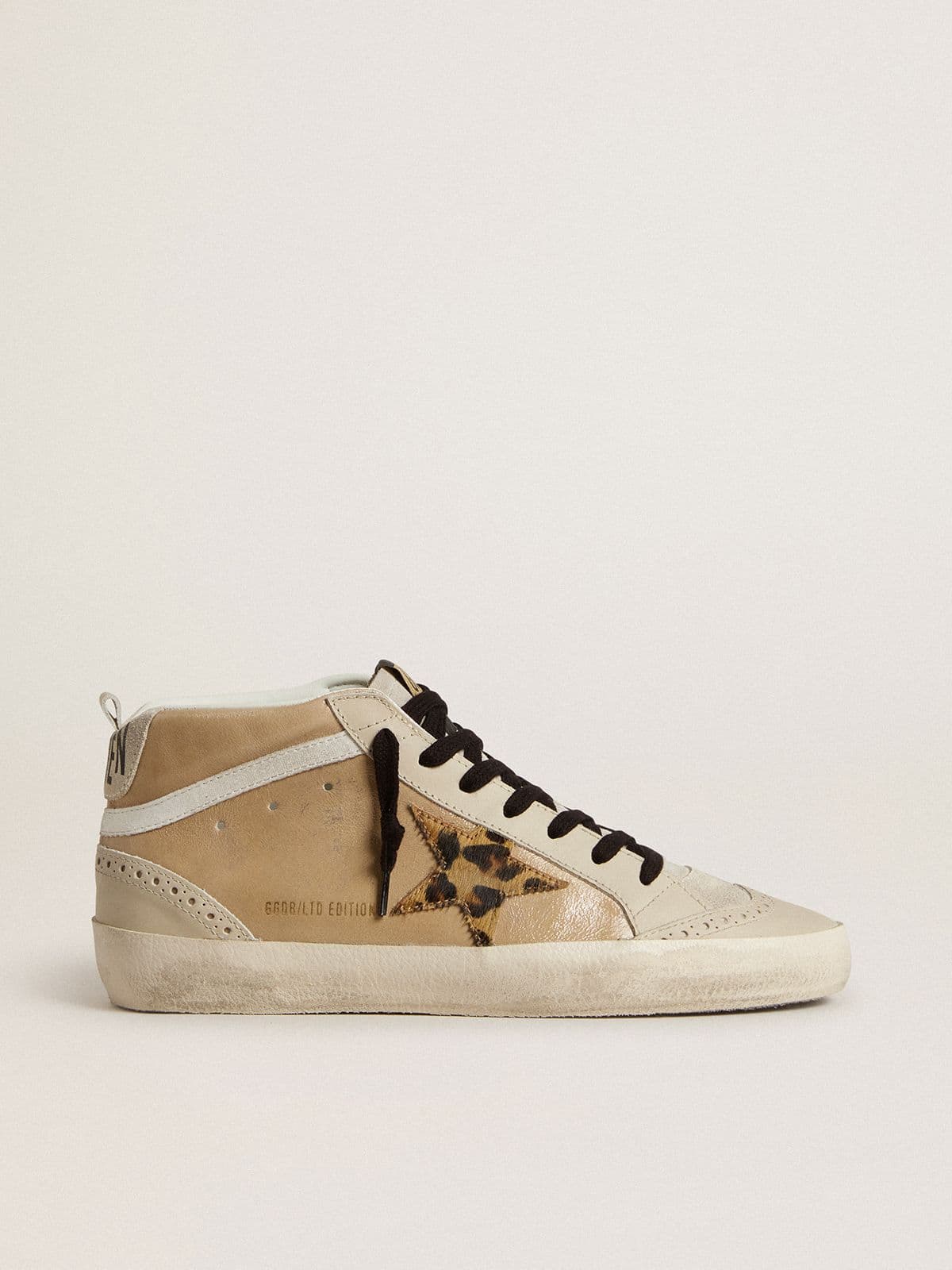 Women’s Mid Star in beige naplak leather with leopard-print pony skin star
