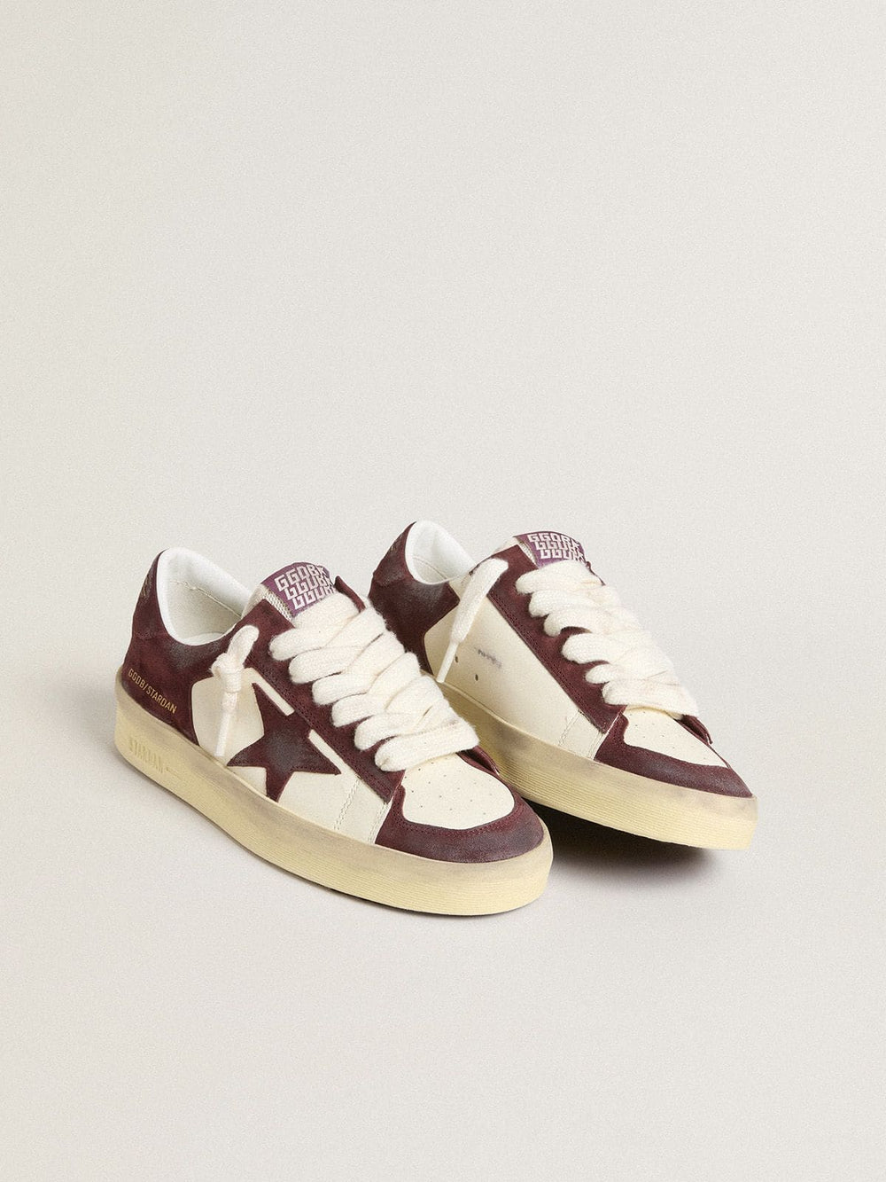 Women’s Stardan in white nappa with burgundy suede star and heel tab