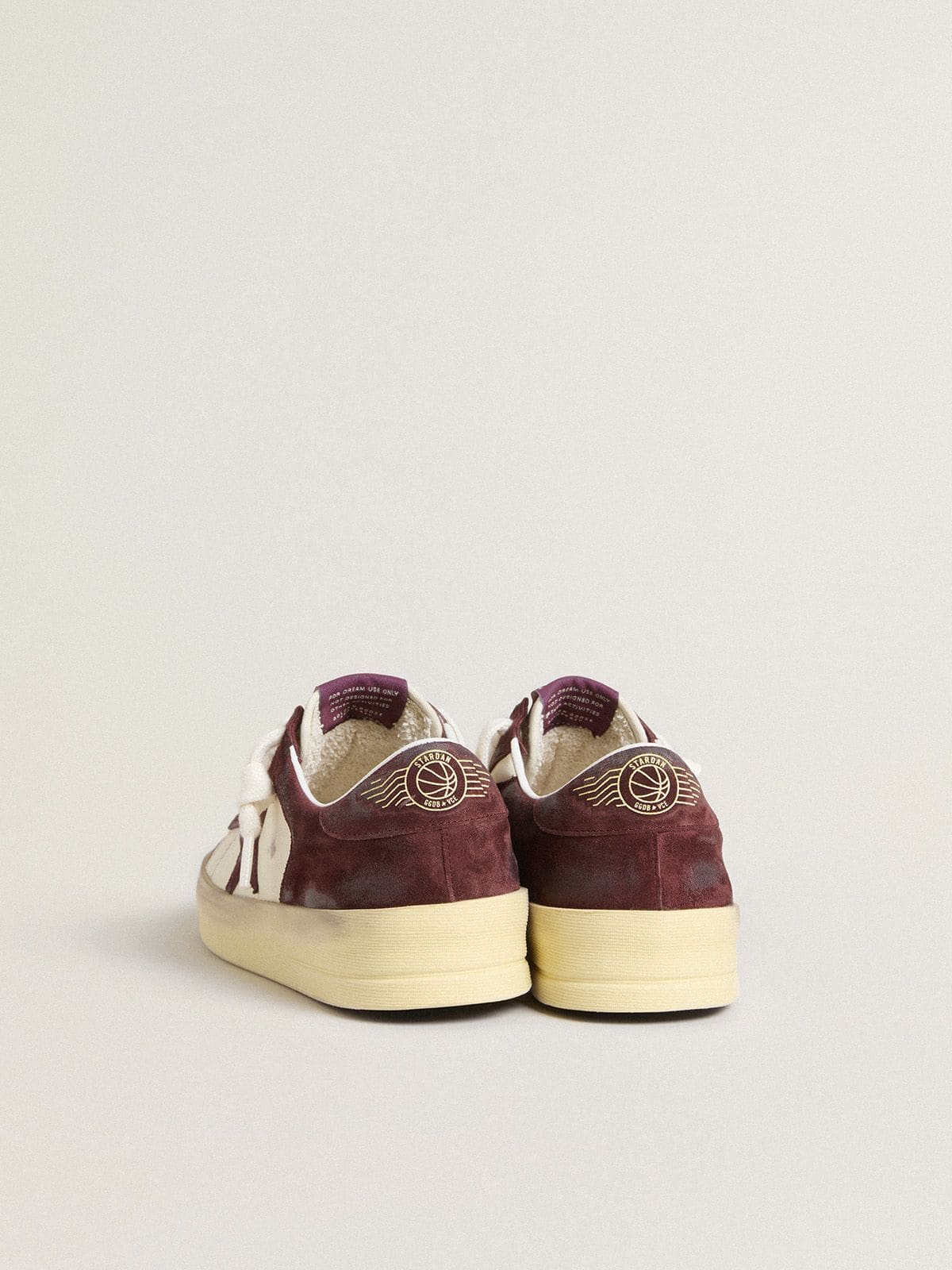 Women’s Stardan in white nappa with burgundy suede star and heel tab