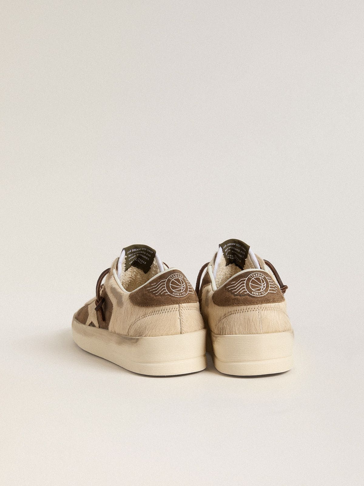 Women’s Stardan in military-green suede and beige pony skin with beige suede star