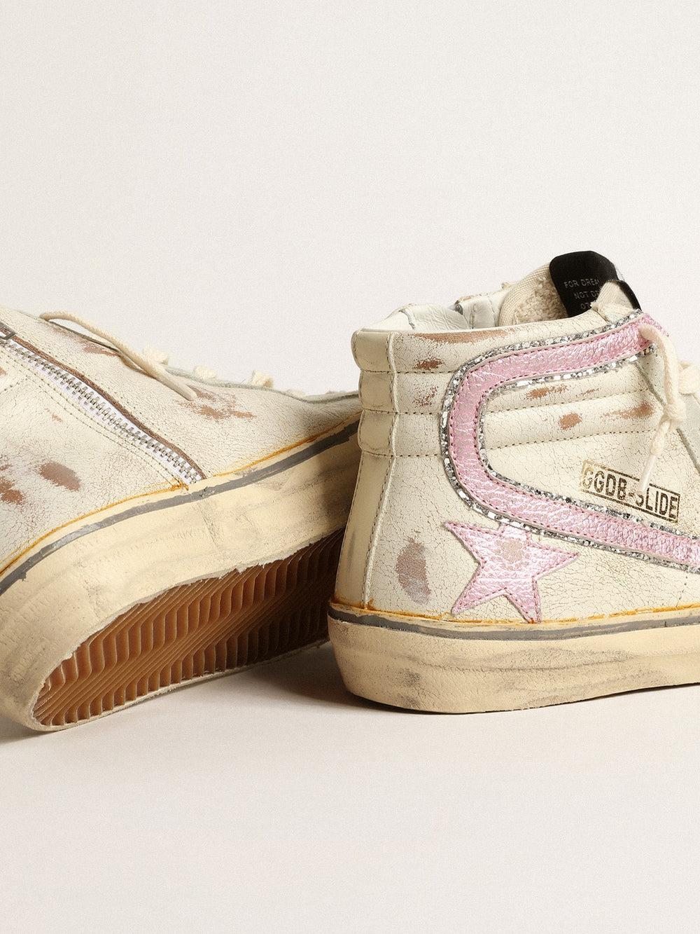 Slide in beige with pink metallic leather star and flash