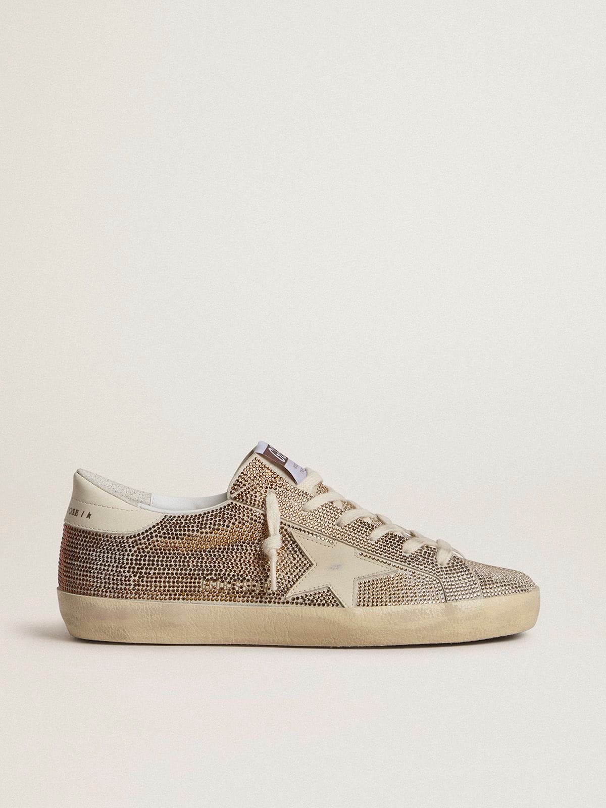 Super-Star in beige suede and multicolored crystals with cream-colored leather star and heel tab