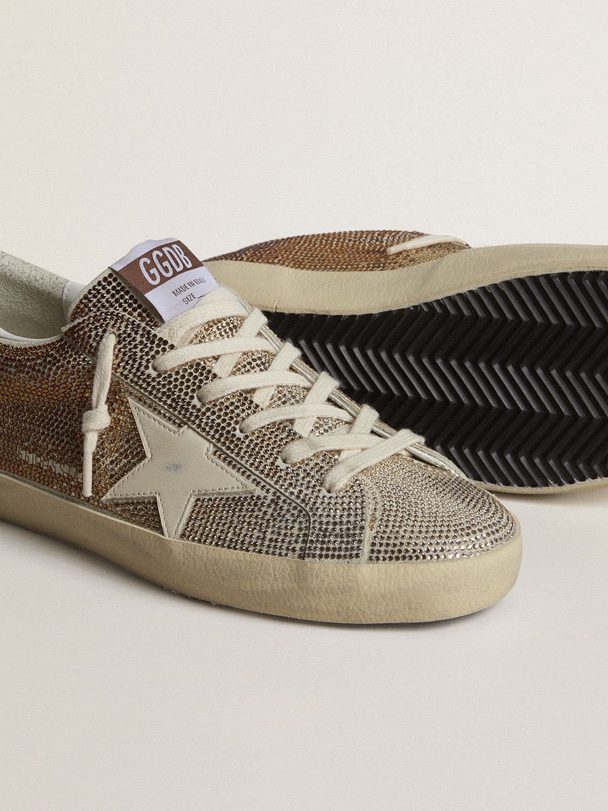 Super-Star in beige suede and multicolored crystals with cream-colored leather star and heel tab