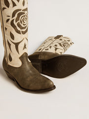Wish Star boots in black and white leather with inlay rose and star