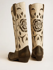 Wish Star boots in black and white leather with inlay rose and star