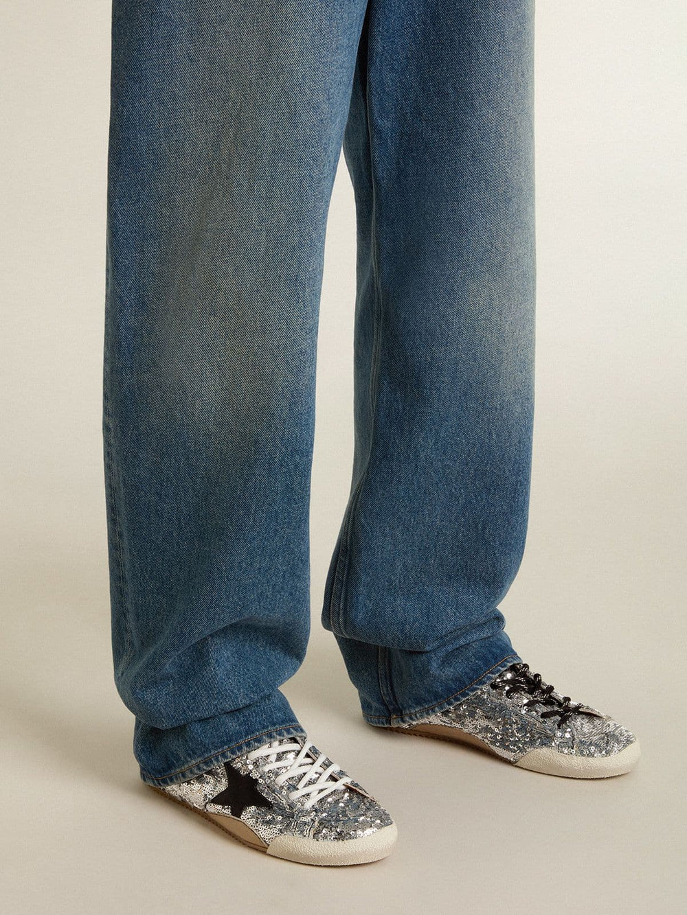 Women's True-Star in silver sequins with black star and silver leather heel tab