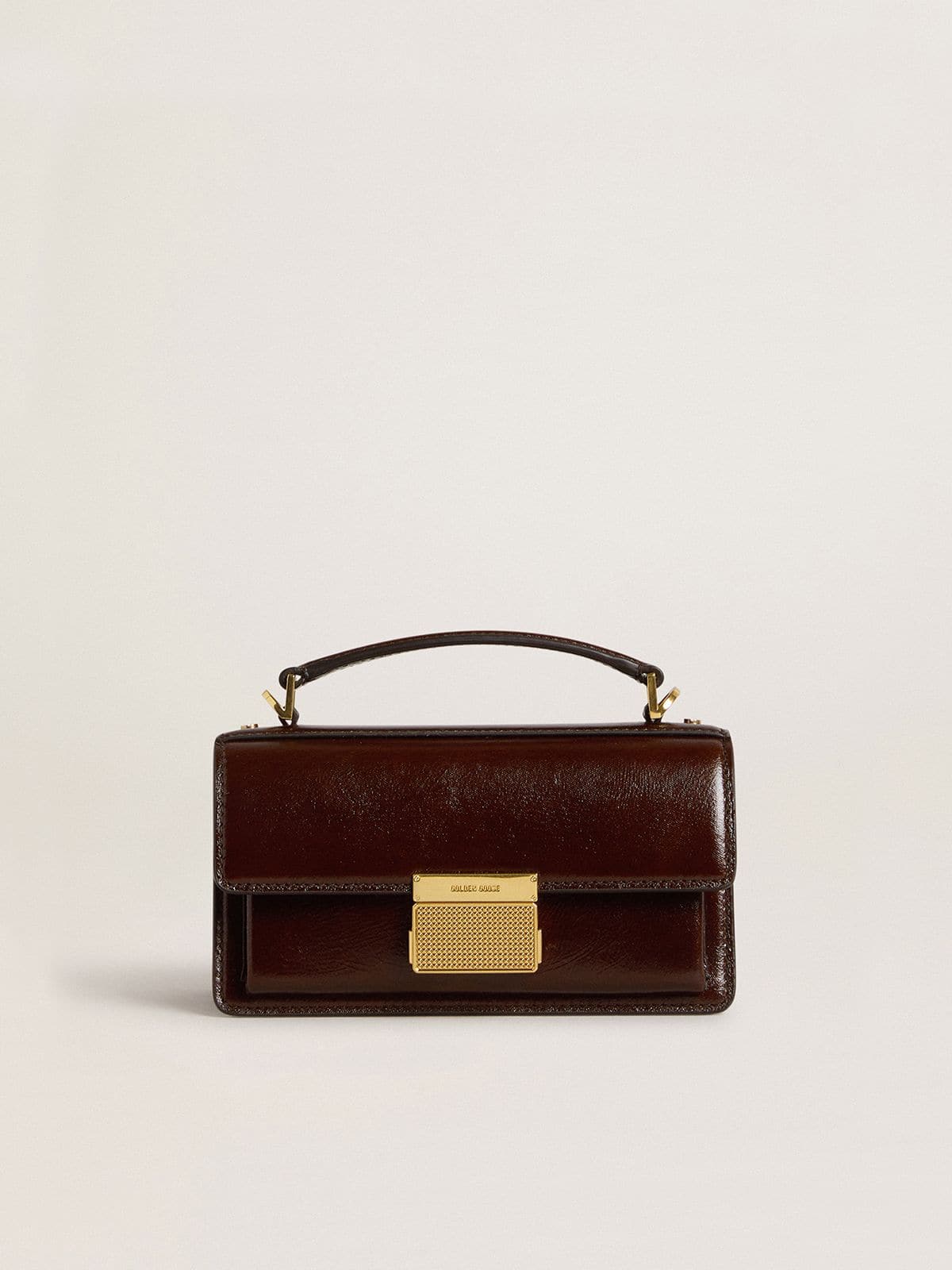 Small Venezia Bag in dark brown laminated leather with gold details