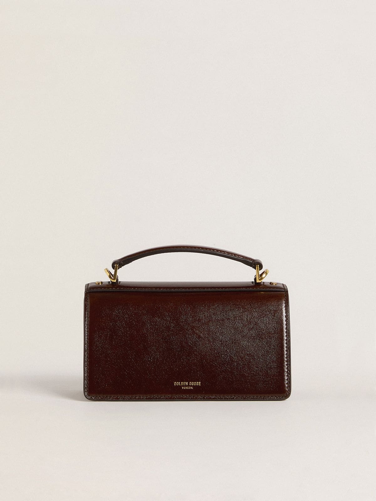 Small Venezia Bag in dark brown laminated leather with gold details