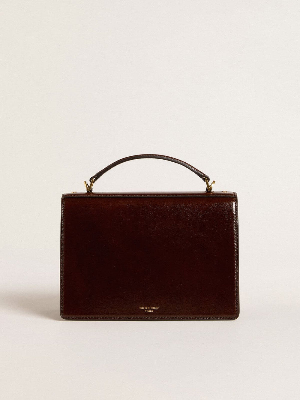 Venezia Bag in dark brown laminated leather with gold details
