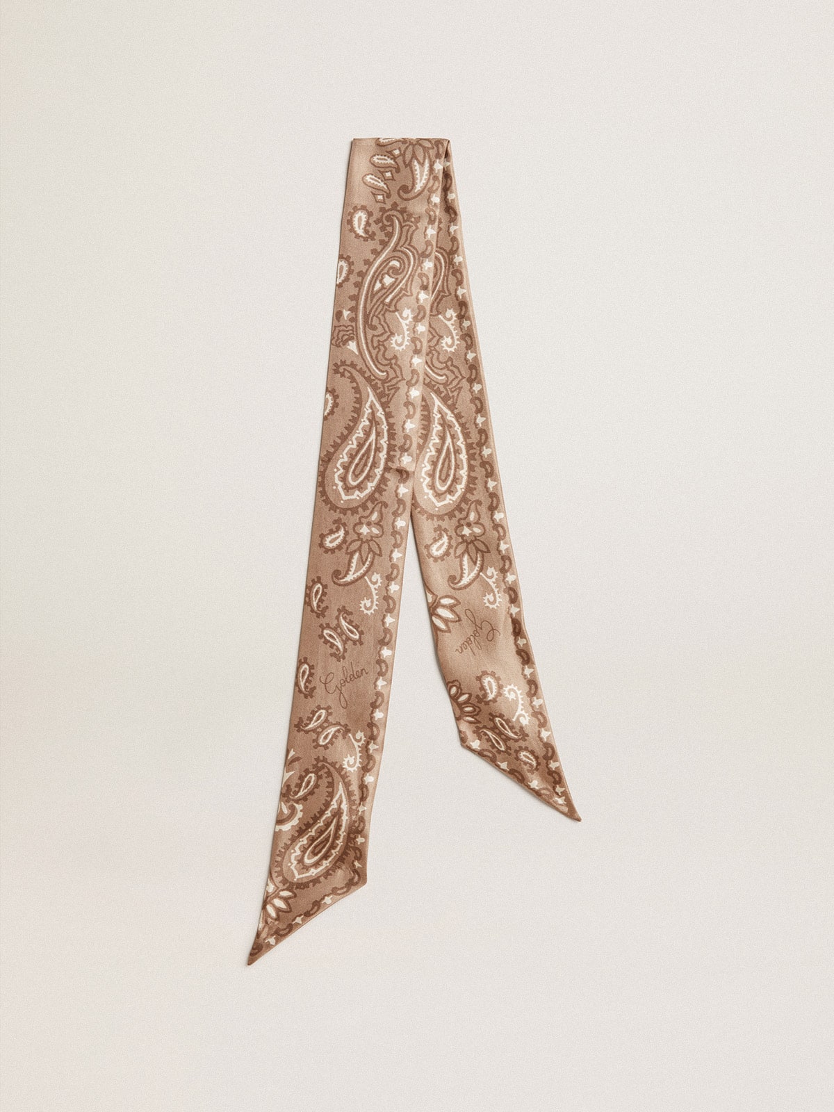 Ribbon in dove-gray silk twill with paisley pattern