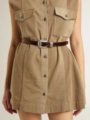 Women's dark brown leather belt with decorated silver buckle