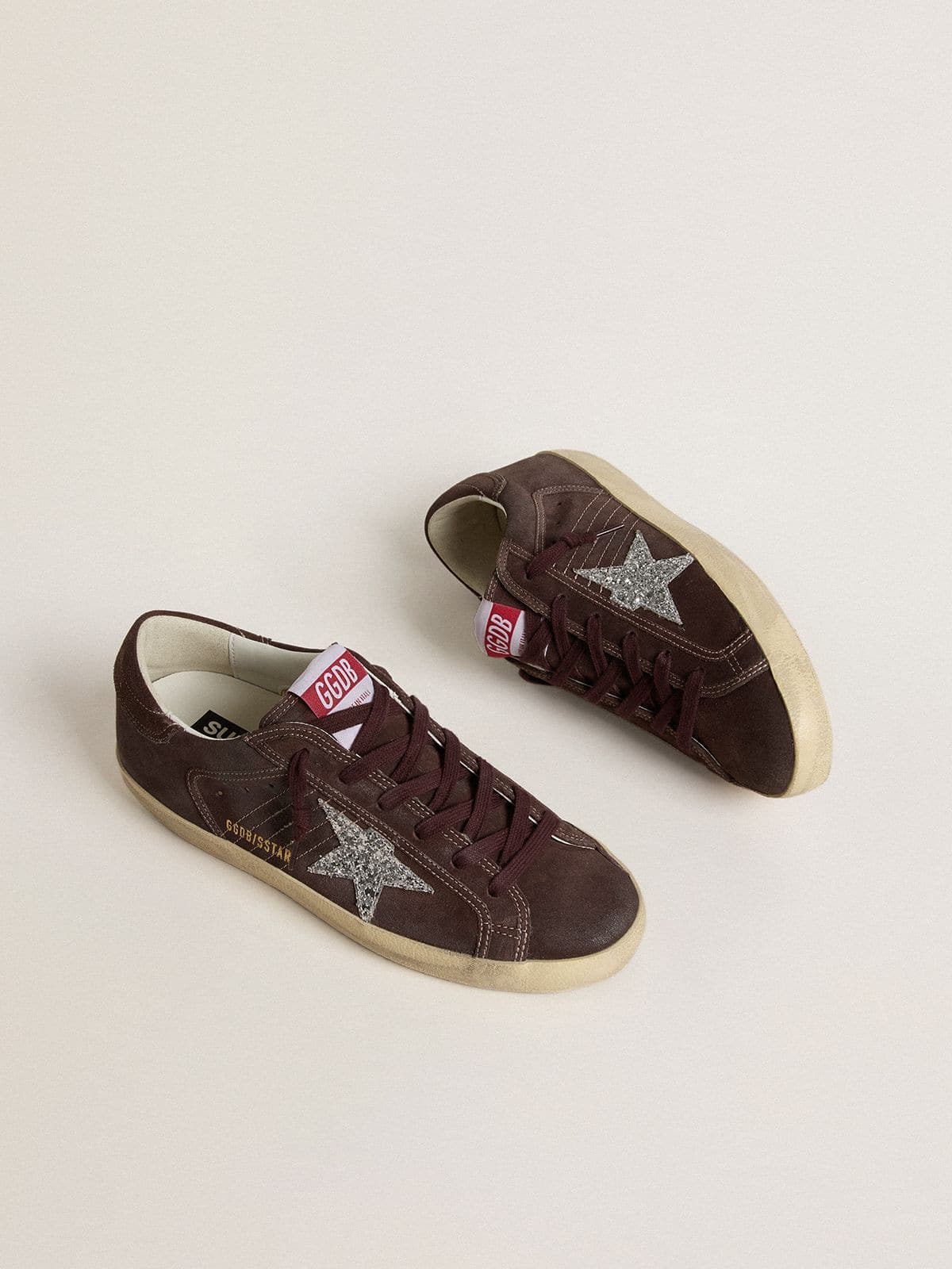 Women's Super-Star in brown suede with silver glitter star