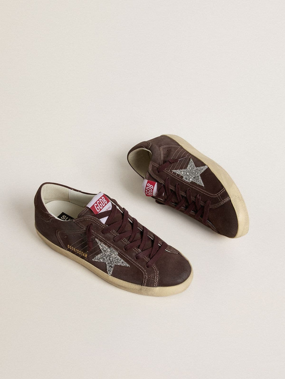Women's Super-Star in brown suede with silver glitter star