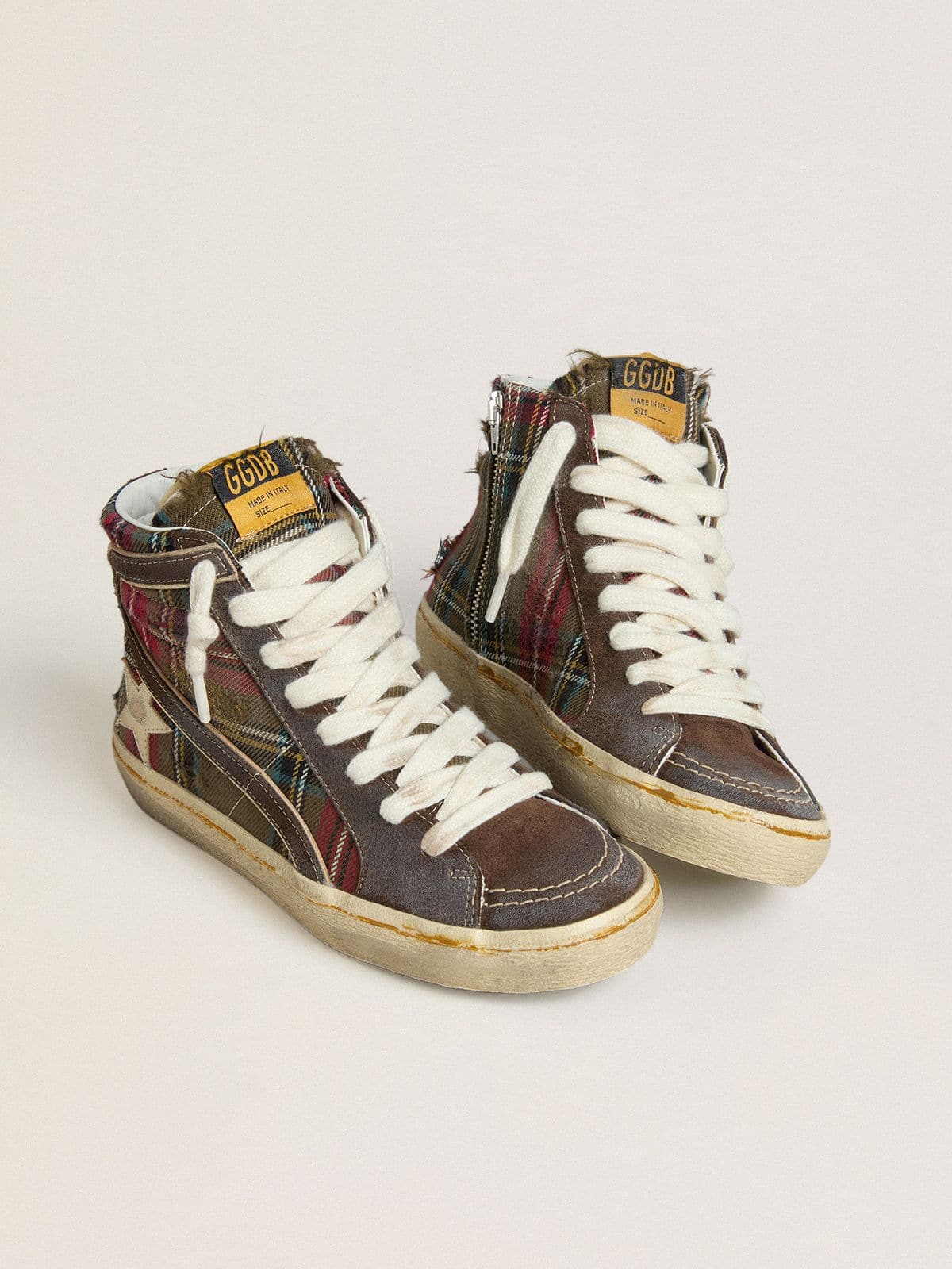 Women's Slide in red tartan with silver nappa leather star and black suede flash