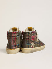 Women's Slide in red tartan with silver nappa leather star and black suede flash