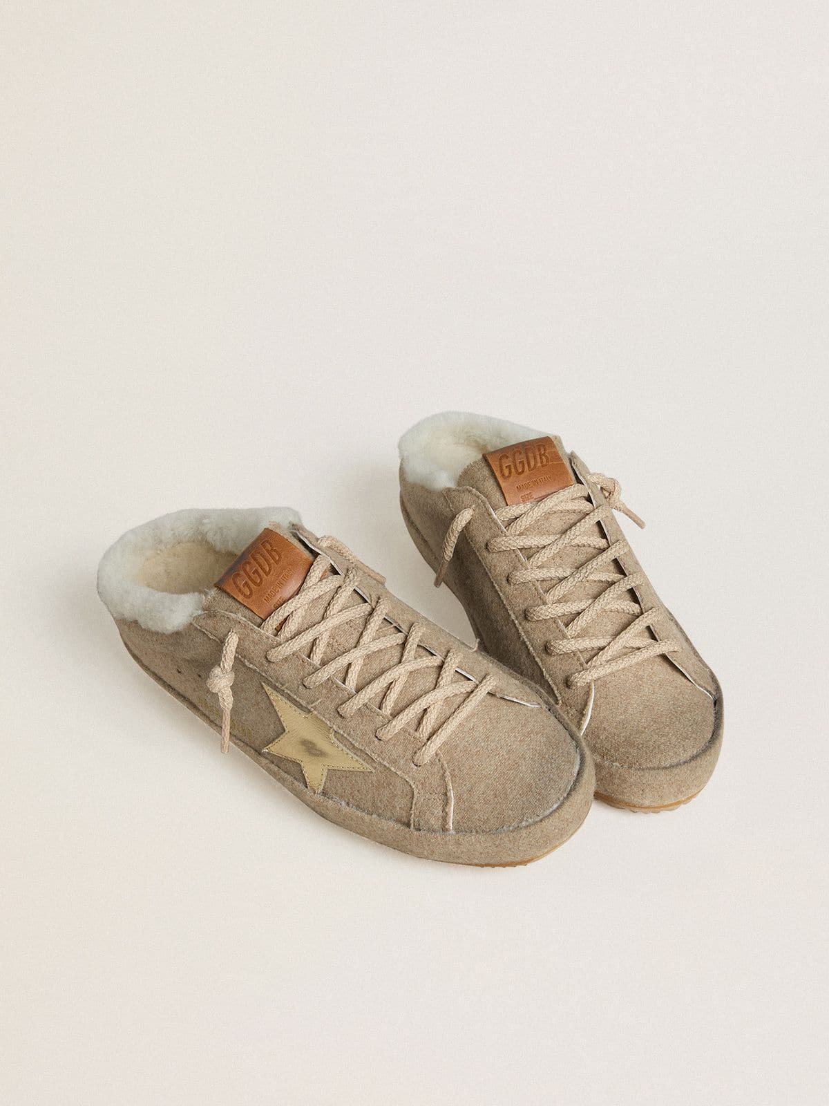 Women's Super-Star Sabots in wool with shearling lining and gold metallic star