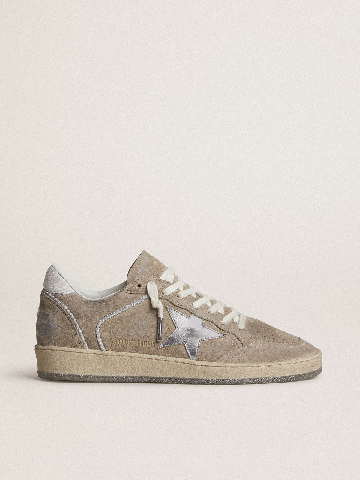 Women's Ball Star LTD in beige suede with silver metallic leather star and white leather heel tab
