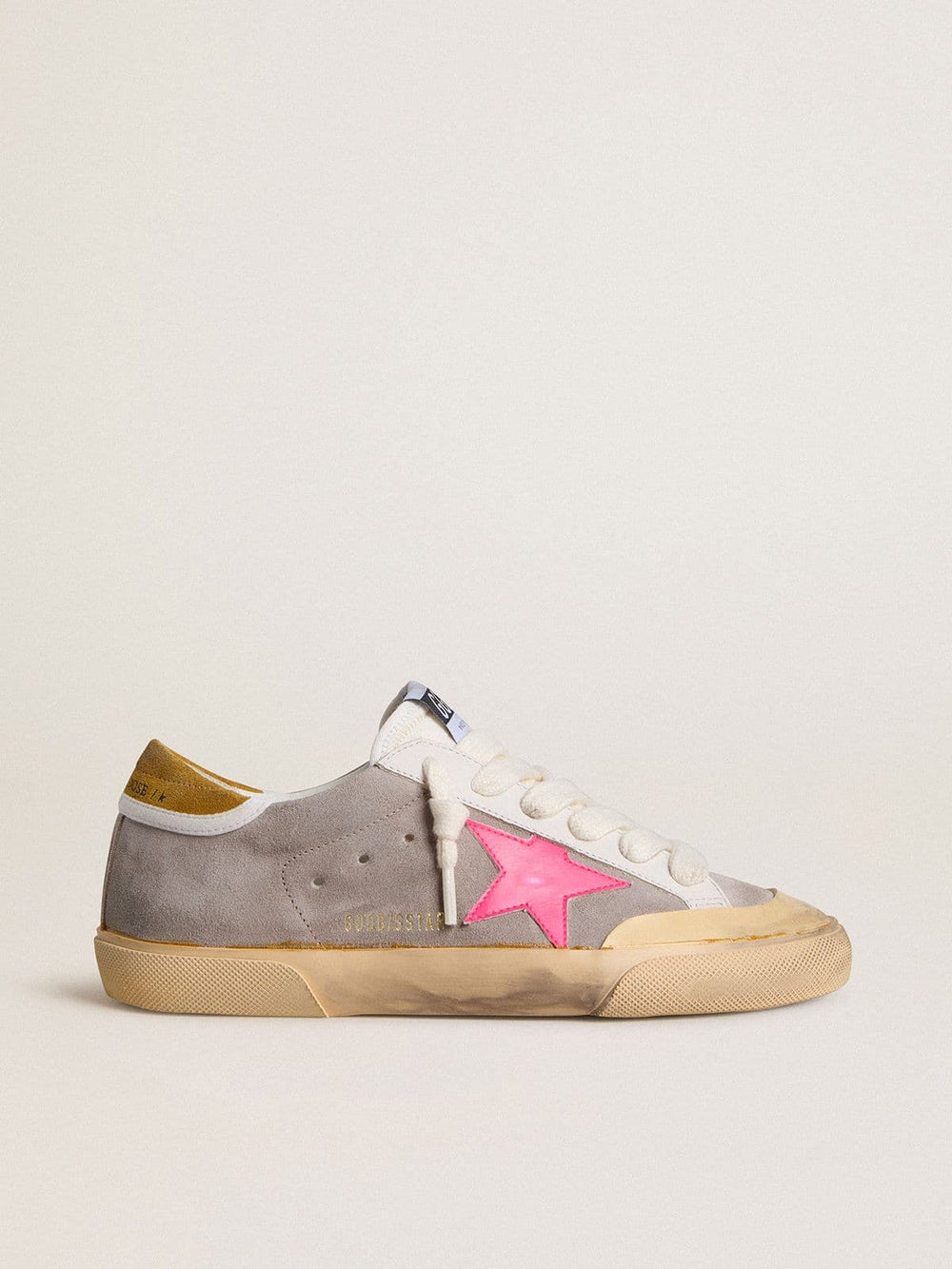 Women's Super-Star in dove-gray suede with fuchsia leather star and ocher suede heel tab