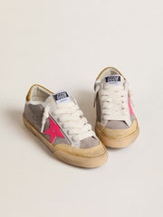 Women's Super-Star in dove-gray suede with fuchsia leather star and ocher suede heel tab