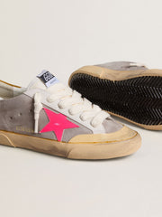 Women's Super-Star in dove-gray suede with fuchsia leather star and ocher suede heel tab