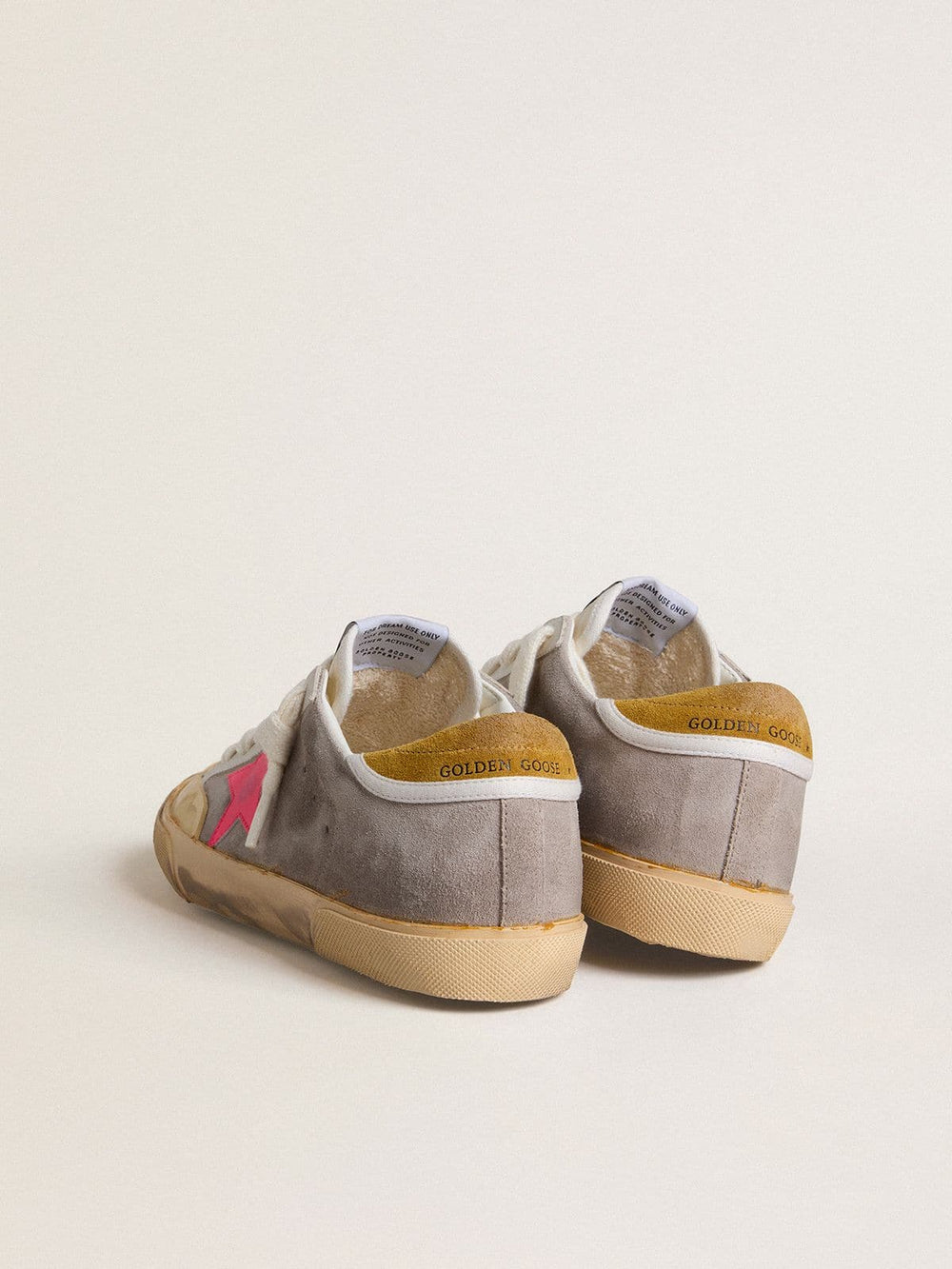 Women's Super-Star in dove-gray suede with fuchsia leather star and ocher suede heel tab