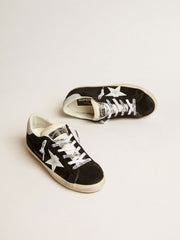 Women's Super-Star LTD in black suede with white printed star and silver glitter heel tab