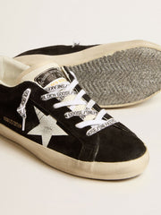Women's Super-Star LTD in black suede with white printed star and silver glitter heel tab