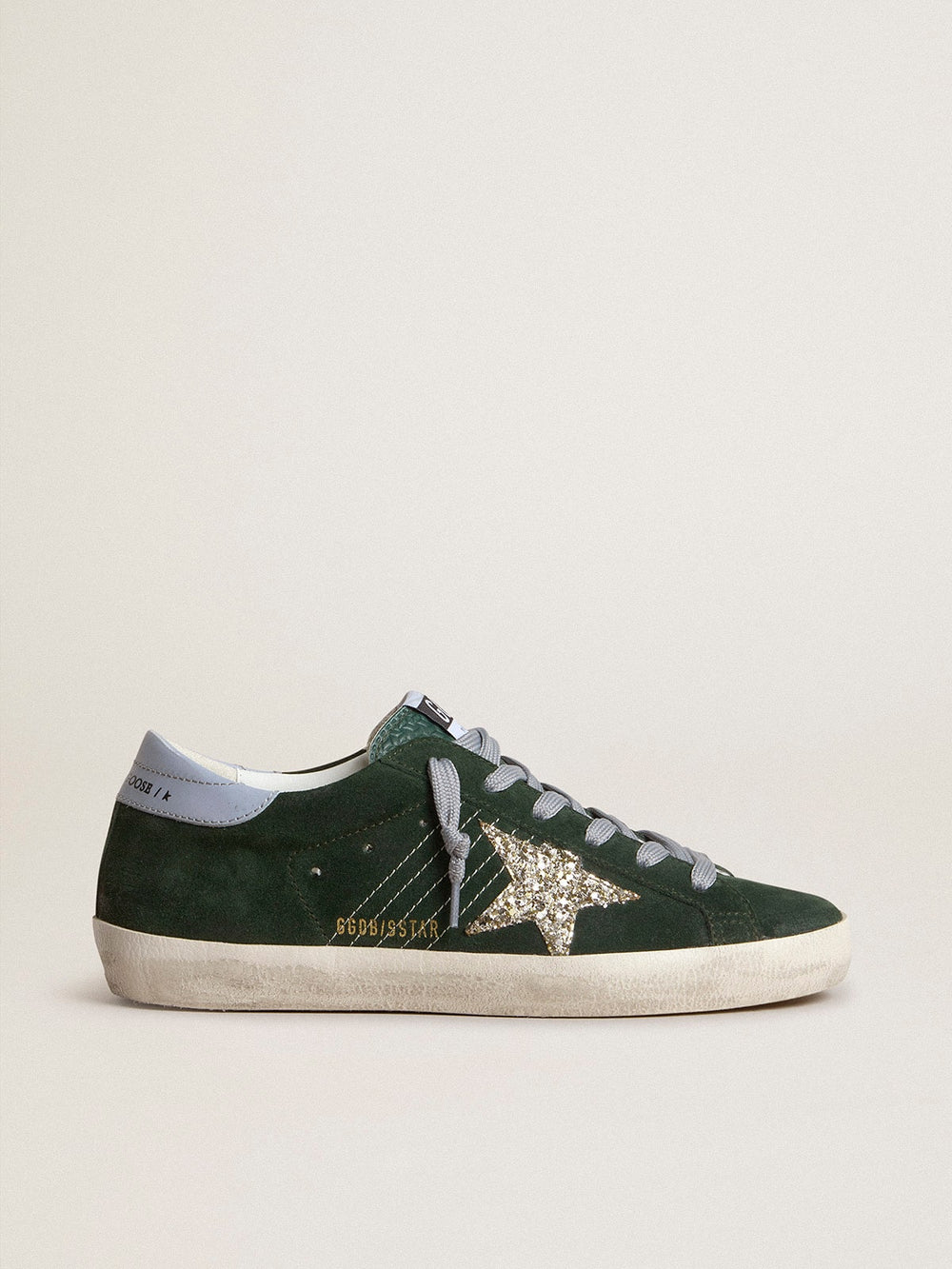 Women's Super-Star in green suede silver glitter star and leather heel tab