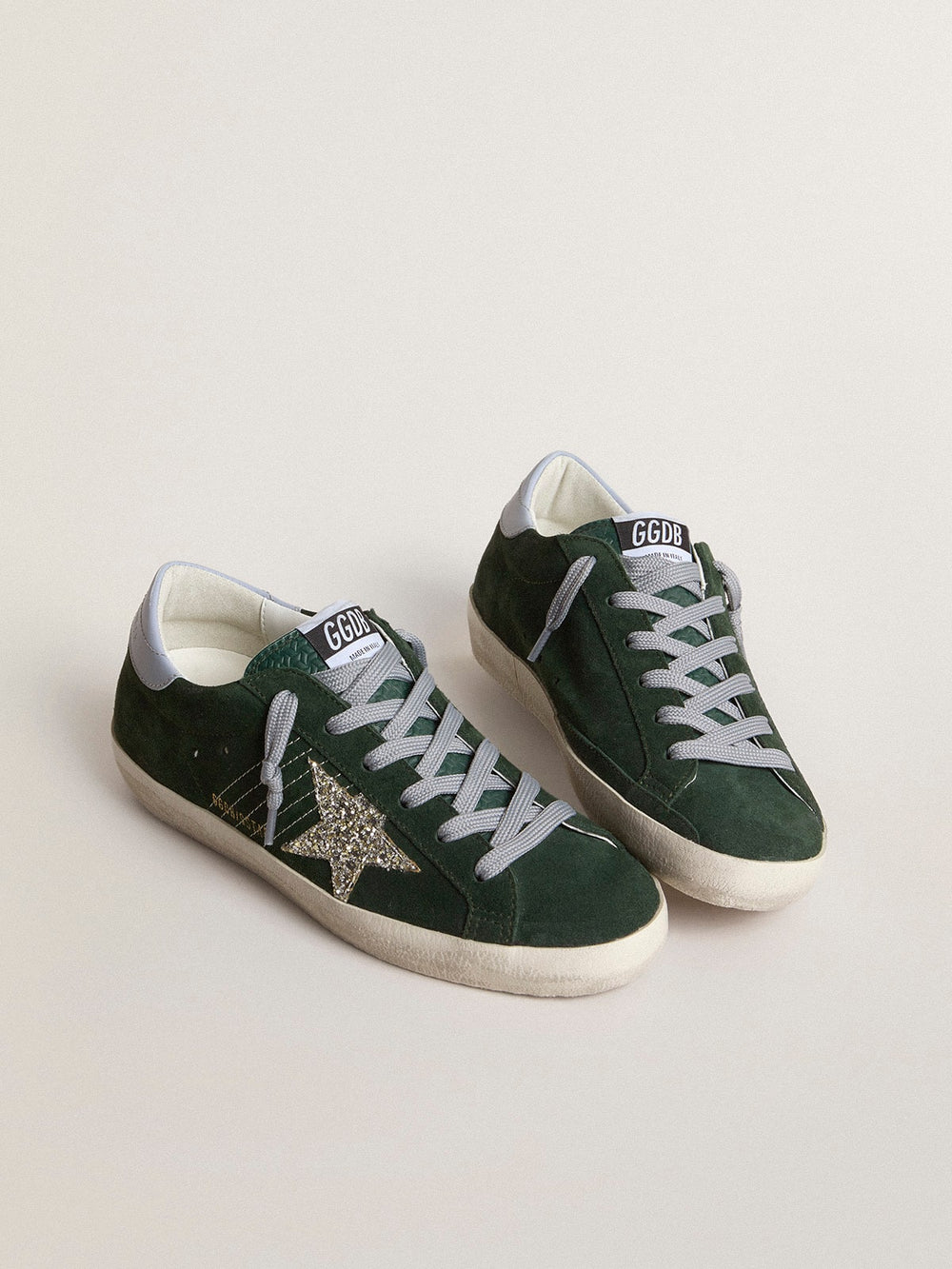 Women's Super-Star in green suede silver glitter star and leather heel tab