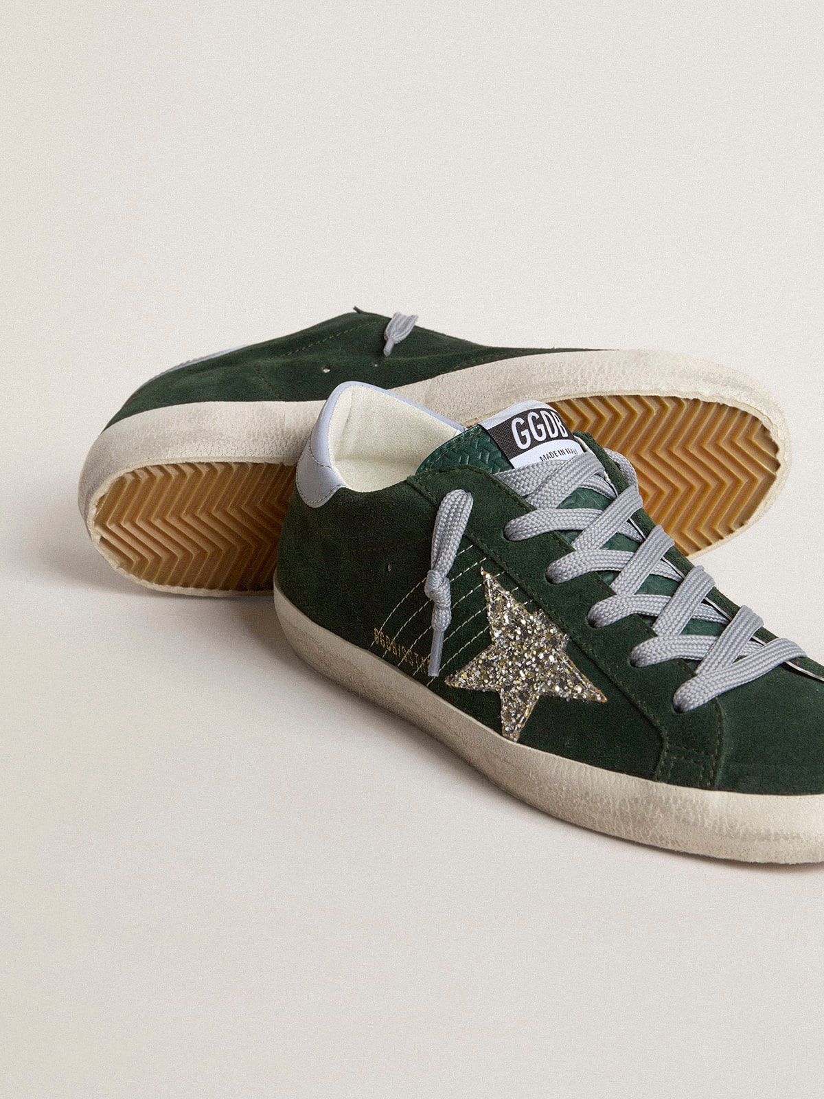 Women's Super-Star in green suede silver glitter star and leather heel tab