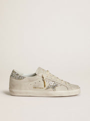 Women's Super-Star in ivory nappa leather with platinum glitter star and heel tab