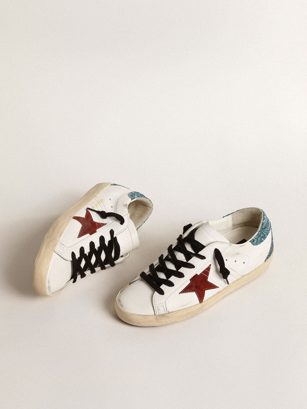 Women’s Super-Star with burgundy suede star and light blue glitter heel tab