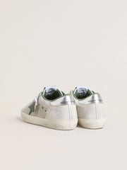 Women’s Super-Star LTD in white suede and mesh with green leather star and silver foiled leather heel tab