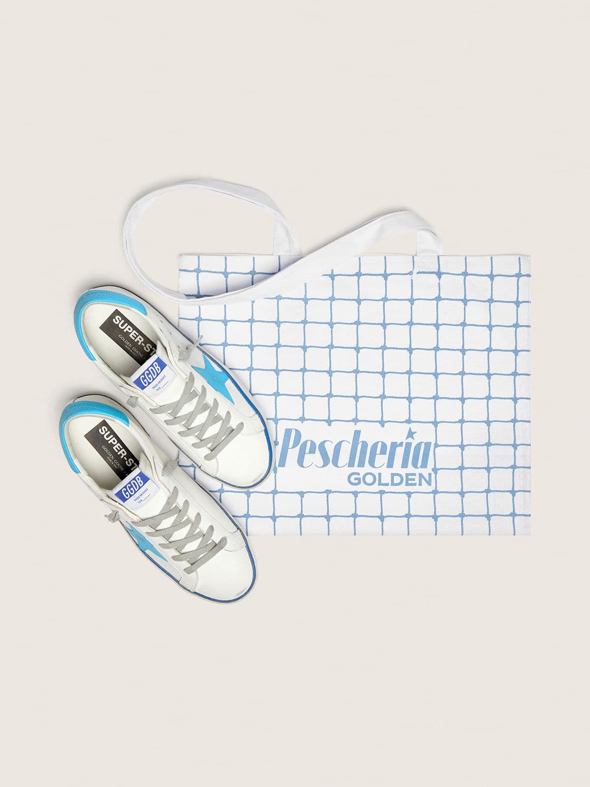 Women's Super-Star LTD in white leather with light blue leather star and heel tab