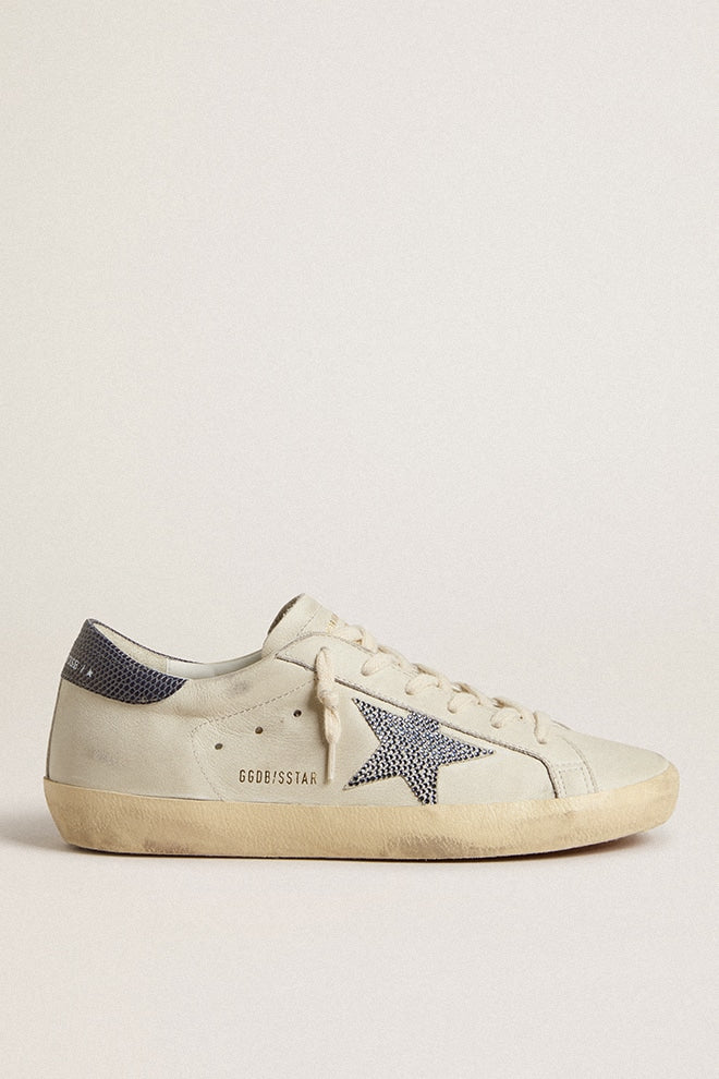 Super-Star with cream-colored leather star with Swarovski crystals and blue leather heel tab with lizard print