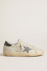 Super-Star with cream-colored leather star with Swarovski crystals and blue leather heel tab with lizard print