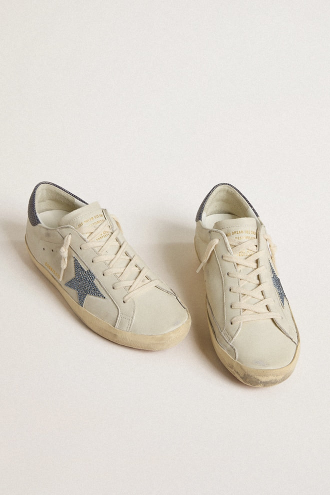 Super-Star with cream-colored leather star with Swarovski crystals and blue leather heel tab with lizard print