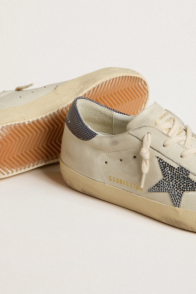 Super-Star with cream-colored leather star with Swarovski crystals and blue leather heel tab with lizard print