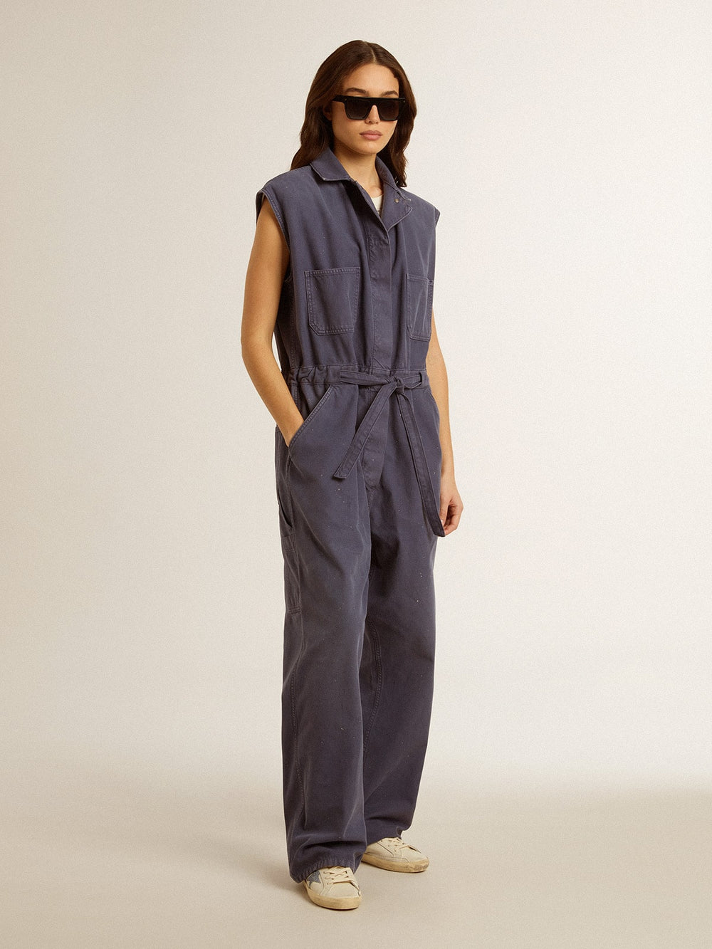 Super-Star with cream-colored leather star with Swarovski crystals and blue leather heel tab with lizard print