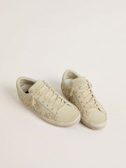 Women’s Super-Star in beige suede with pearls and Swarovski crystals