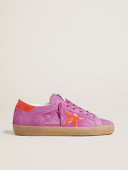 Women's Super-Star in fuchsia suede with fluorescent orange laminated leather star and heel tab
