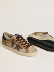 Women's Super-Star in beige and brown suede with brown glitter star
